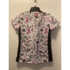 women's Divine Scrubs top by JDM size S short sleeve pockets V-neck stretch CATS